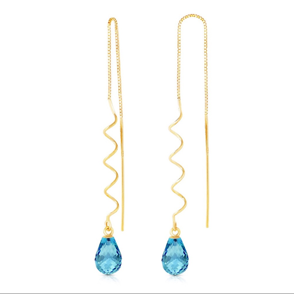 14K GOLD THREADED DANGLES EARRINGS WITH BLUE TOPAZ - Picture 2 of 2